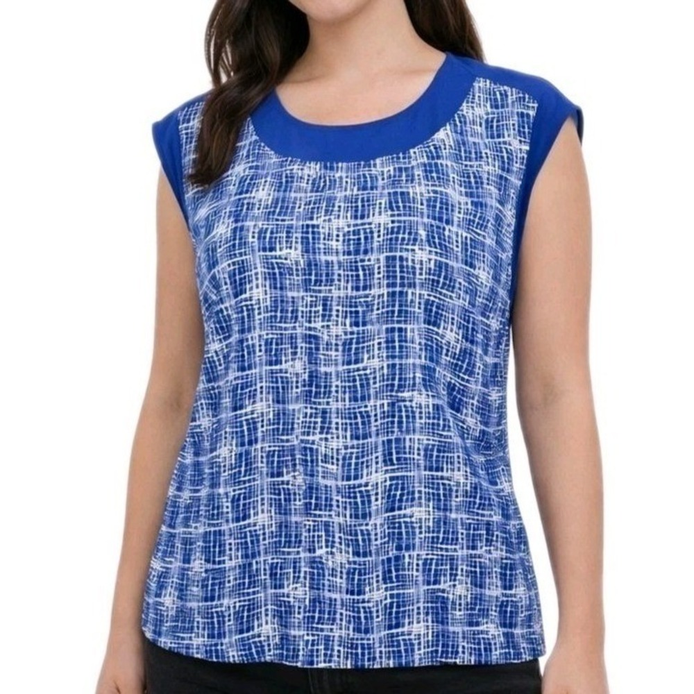 HALOGEN Size Small Japanese Grid Print Round Neck Cap Sleeve Chiffon Work Blouse - Picture 2 of 10